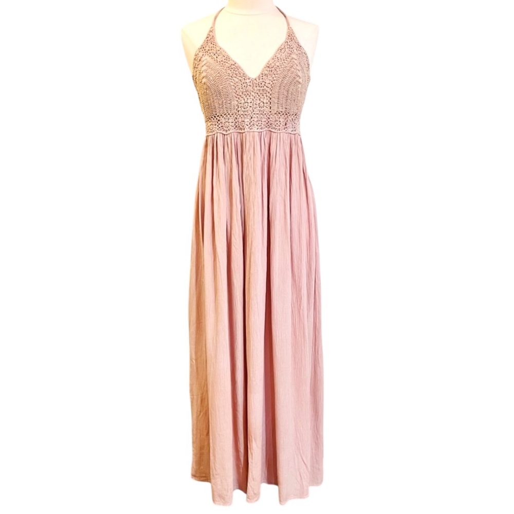 Mirror Image Blush Pink Crochet Halter Maxi Dress Size M Boho Cotton Stein Mart